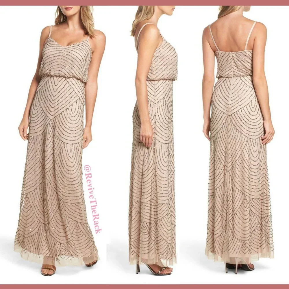 NEW $260 Adrianna Papell Art Deco‎ Beaded Blouson Gown in Taupe Pink [SZ 12P ]